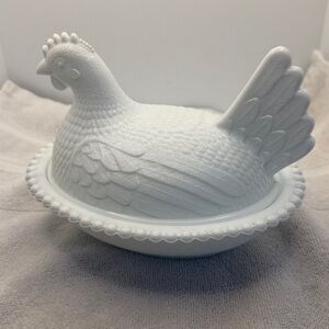 Vintage Indiana Glass White Milk Glass Hen on Nest Covered Dish
